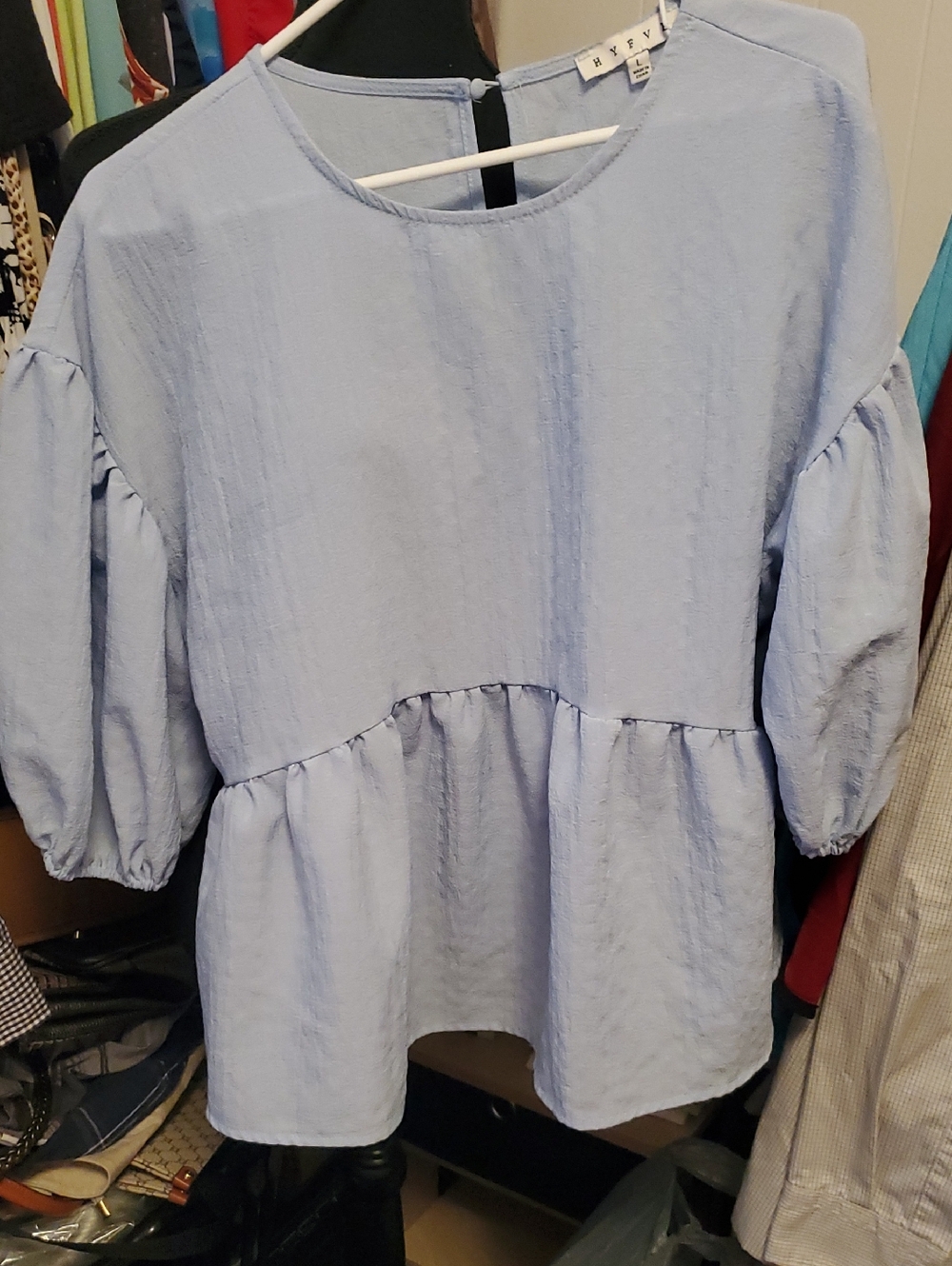 Light Blue Puff-Sleeve Peplum Top by